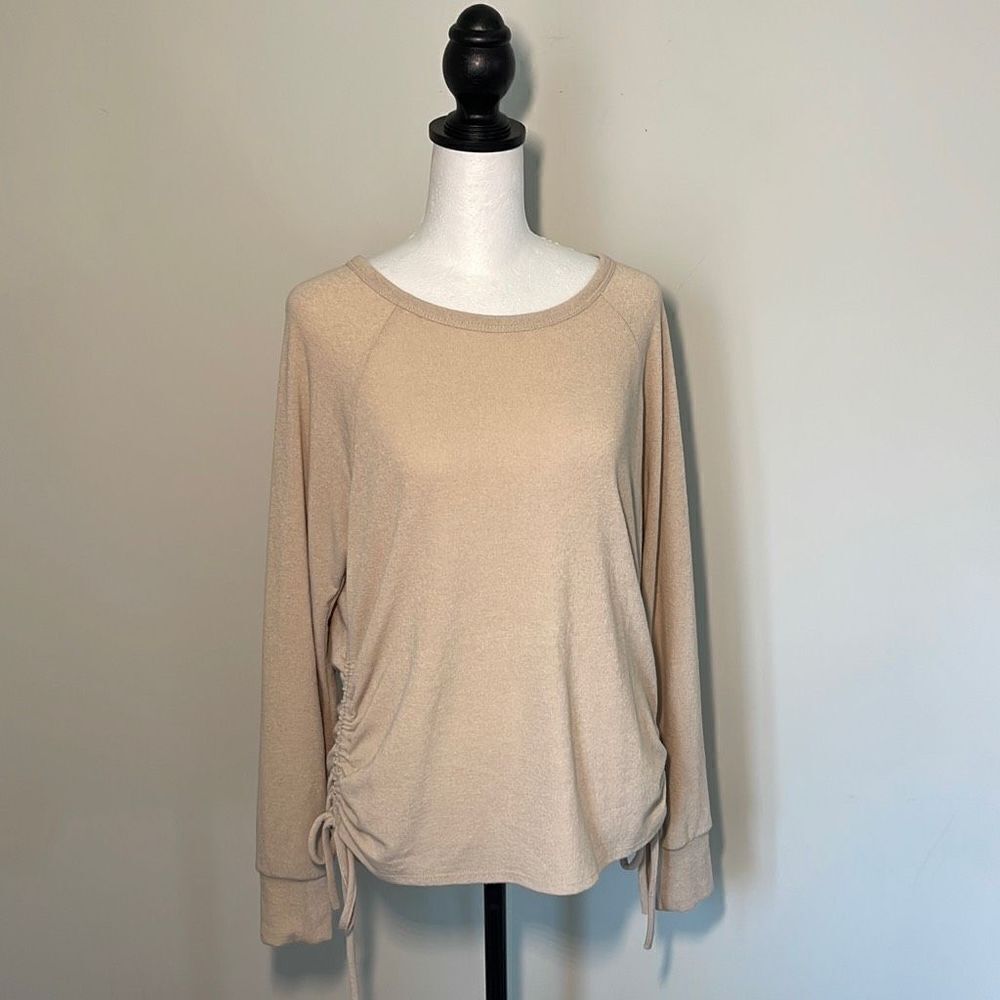 Six/Fifty Women's Pullover Knit Top Cinched Casual Long Sleeve Size Small Beige